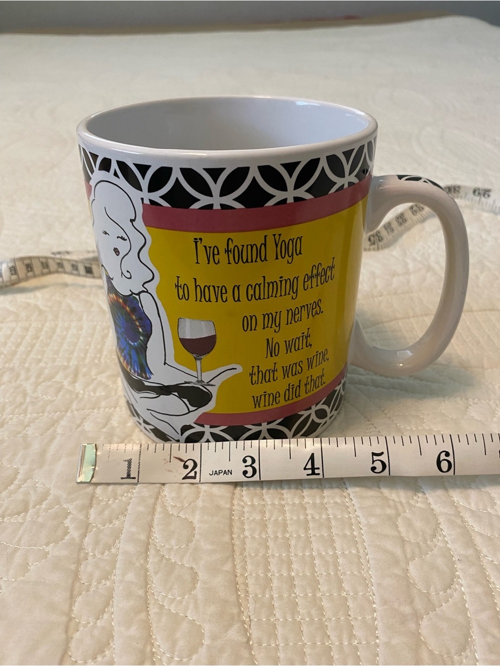 Jumbo 30 oz Certified International Yellow & Black Yoga Wine Novelty Mug